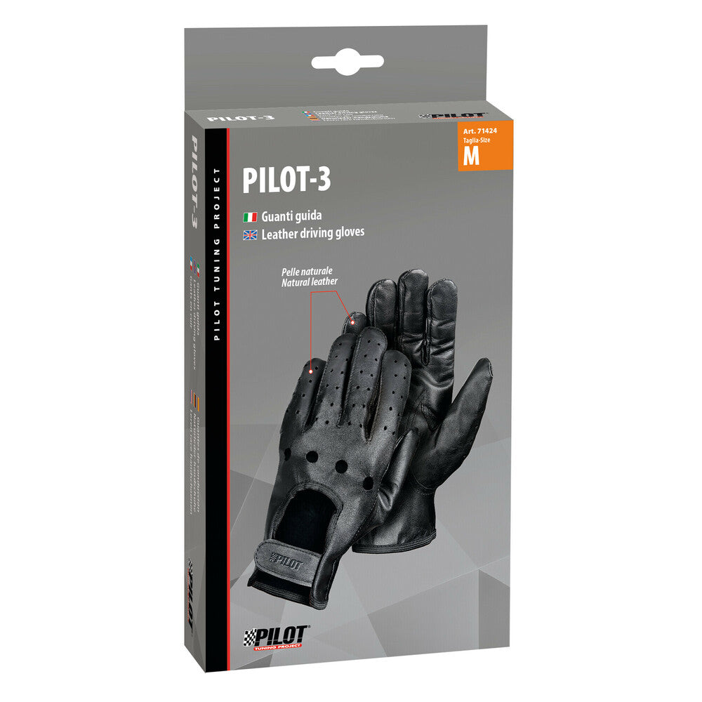 Pilot-3 Guanti da Guida in Pelle di Agnello Nero Taglia M
