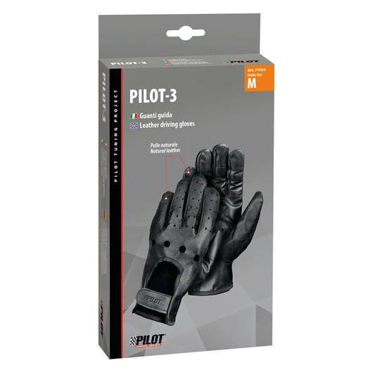 Pilot-3 Guanti da Guida in Pelle di Agnello Nero Taglia M